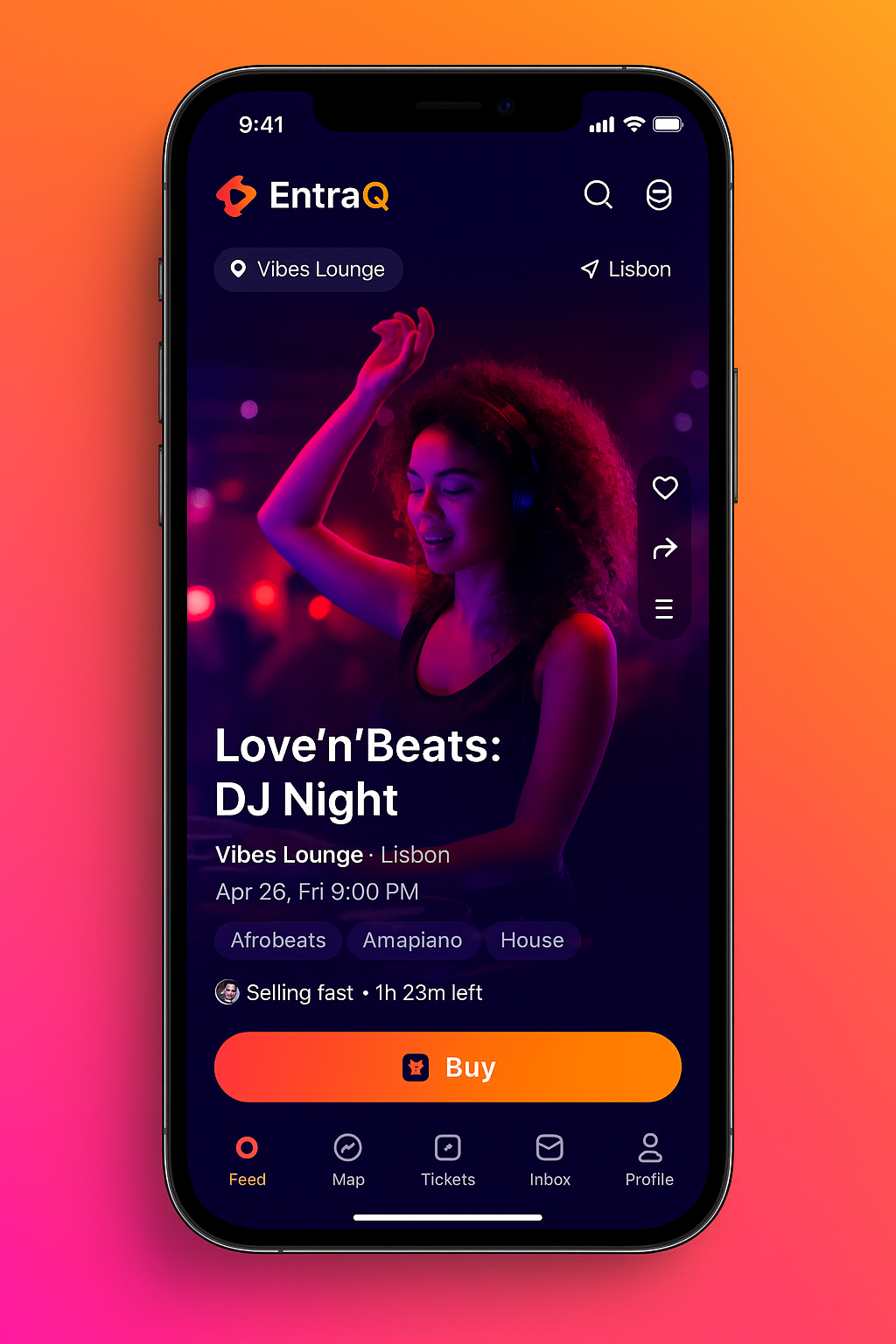 Feed de eventos com vídeo curto - captura de ecrã da app EntraQ