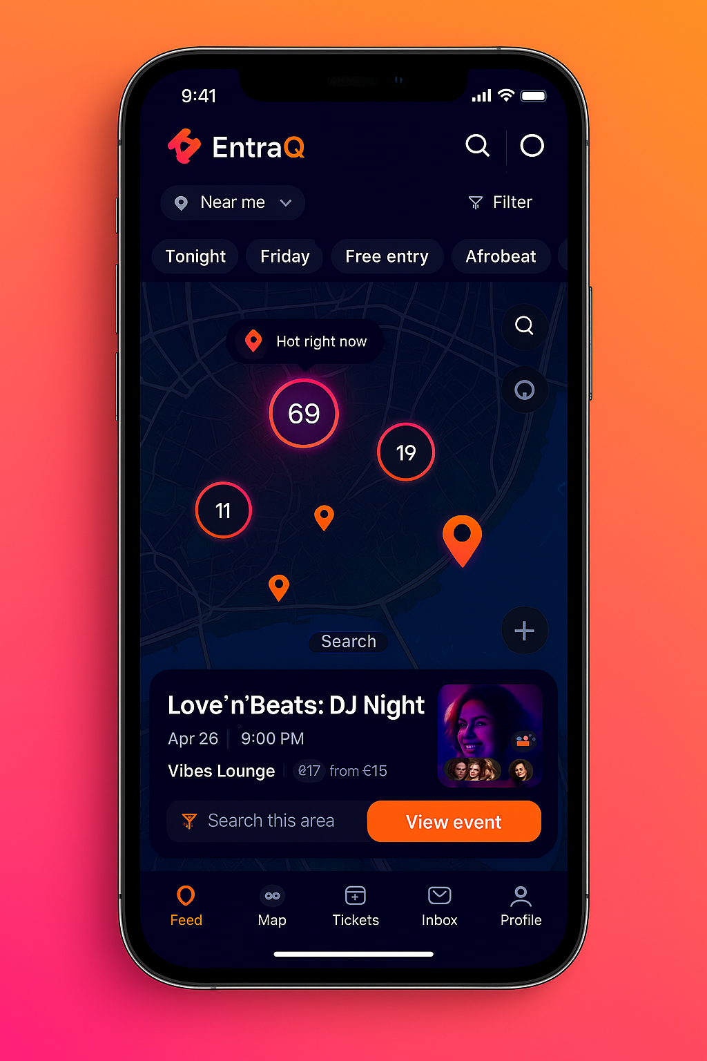 Descobre eventos perto de ti - com mapa e feed inteligente. na app EntraQ
