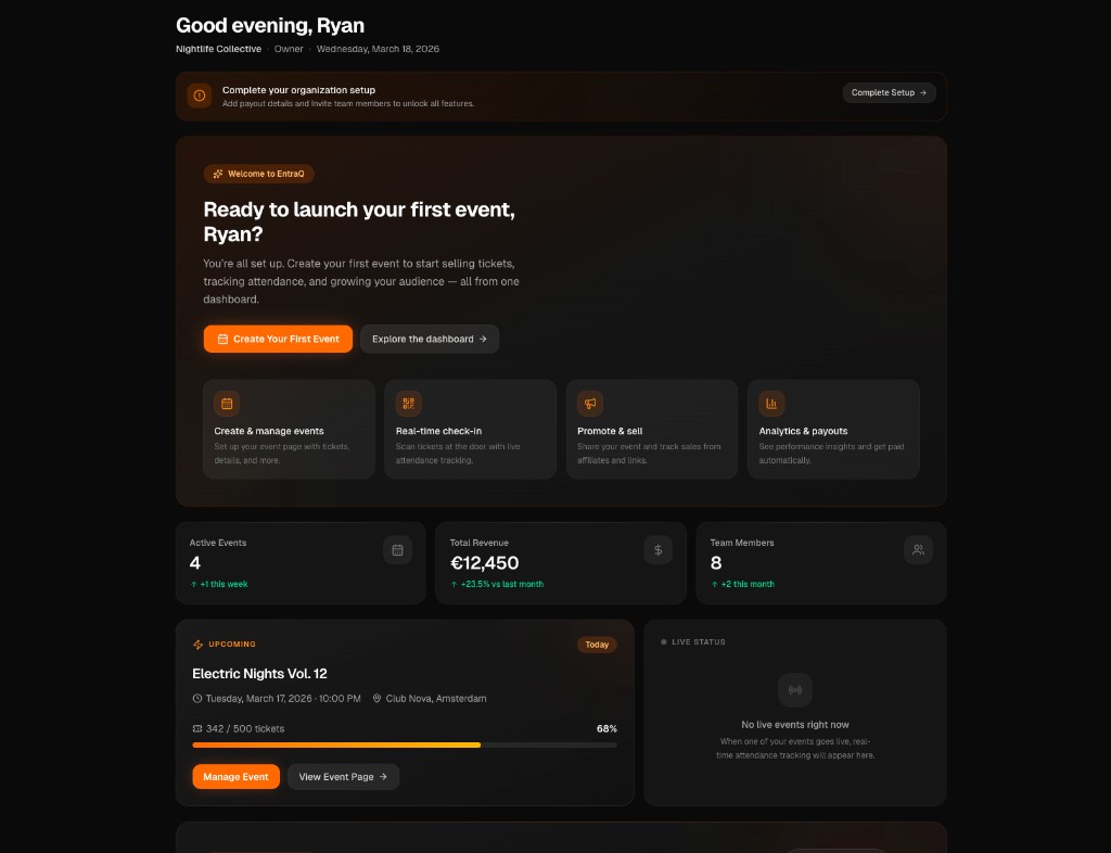 Dashboard de Promotor EntraQ — cria eventos, acompanha analytics e gere a tua operação noturna